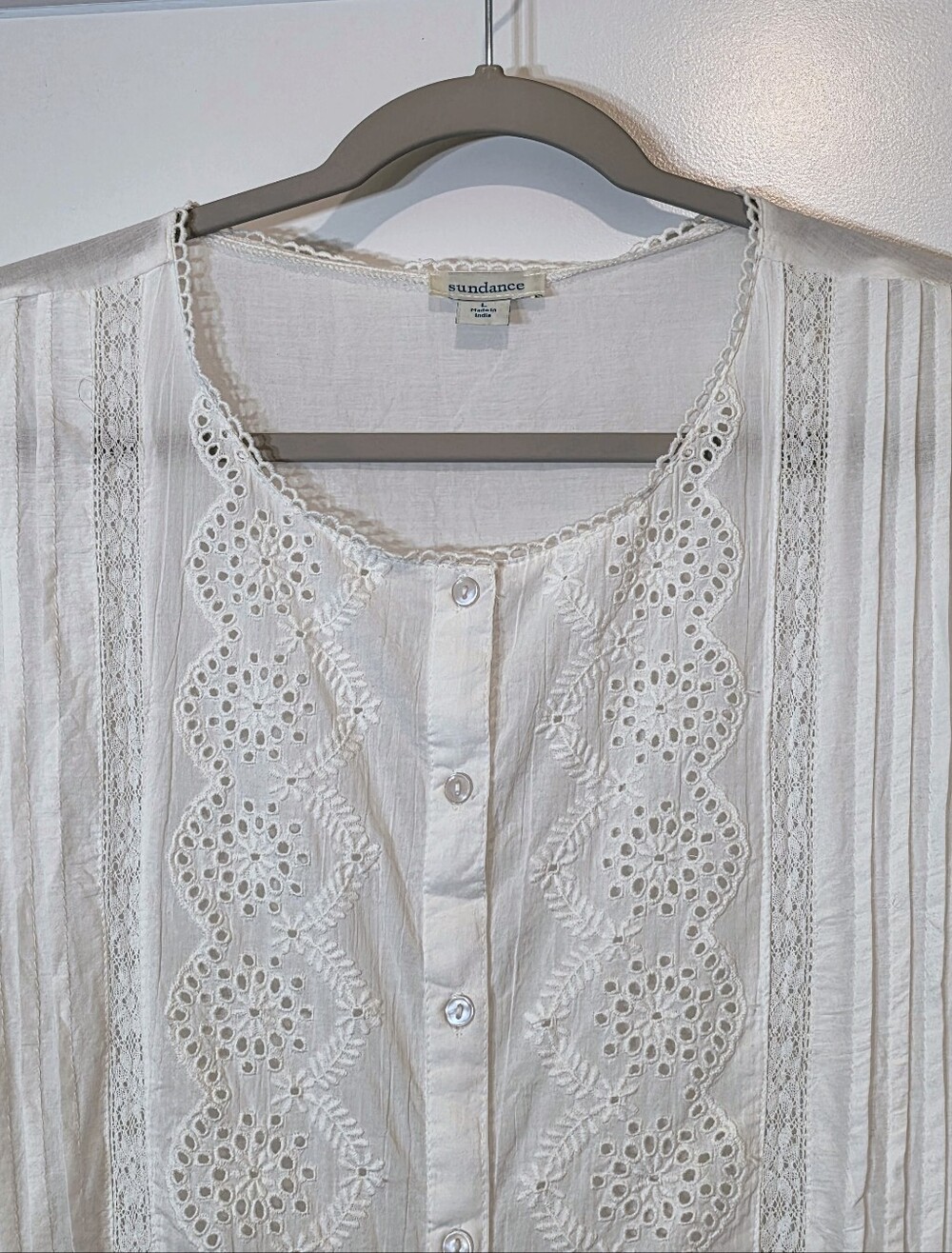 Sundance Art Of Eyelet Lace Cotton Button Down Blouse Scalloped Hem White Large - Picture 3 of 13